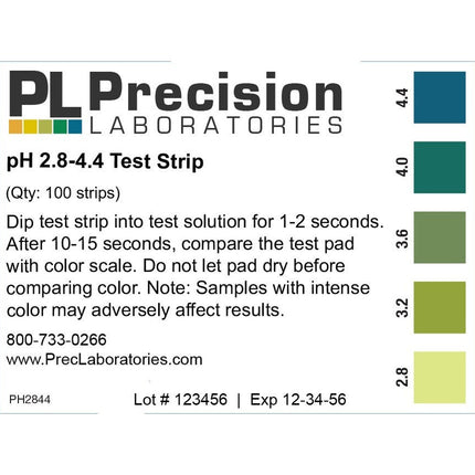 pH Paper - 2.8 to 4.4 For Wine - Vial of 100 Strips
