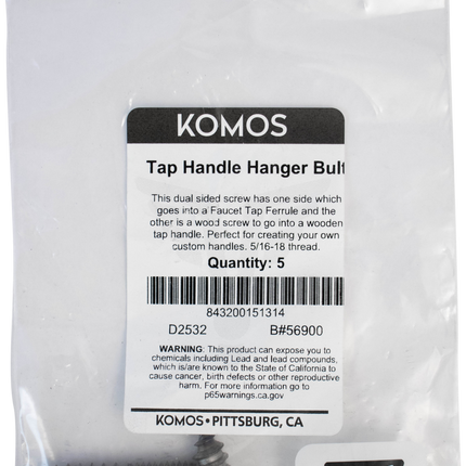 Komos - Hanger Bolt for Tap Handle - 5/16 in. for Ferrule - Pack of 5
