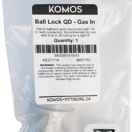 Komos - Ball Lock Quick Disconnect (QD) - Gas In (GRAY) - CM Becker - Barb