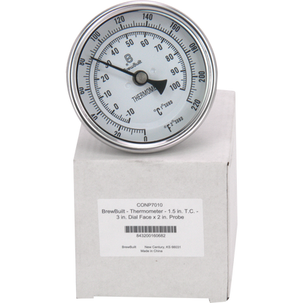 BrewBuilt - Thermometer - 1.5 in. T.C. - 3 in. Dial Face x 2 in. Probe