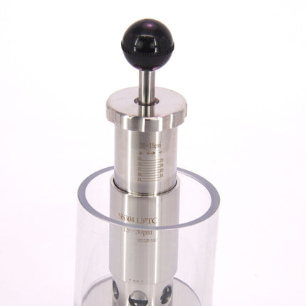 MB® Tri-Clamp Spunding Valve | 2 BAR | 15-30 PSI | 1.5" T.C. | Etched Pressure Scale | Hand Adjustable | Polycarbonate Liquid Cylinder | Stainless Steel - Used