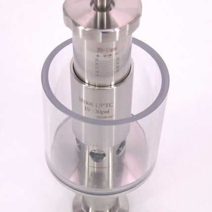 MB® Tri-Clamp Spunding Valve | 2 BAR | 15-30 PSI | 1.5" T.C. | Etched Pressure Scale | Hand Adjustable | Polycarbonate Liquid Cylinder | Stainless Steel - Used