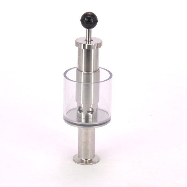 MB® Tri-Clamp Spunding Valve | 2 BAR | 15-30 PSI | 1.5" T.C. | Etched Pressure Scale | Hand Adjustable | Polycarbonate Liquid Cylinder | Stainless Steel - Used